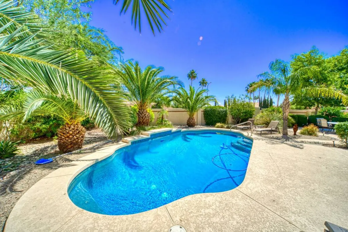 This image showcases a sparkling swimming pool surrounded by palm trees and inviting lounge chairs in a tranquil backyard setting. The sun is shining, and the scene evokes relaxation and enjoyment in a private, resort-style outdoor space.